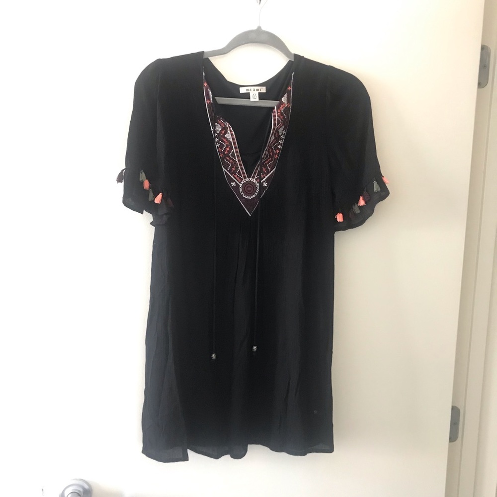 Black dress with fringe sleeves & embroidery neck!